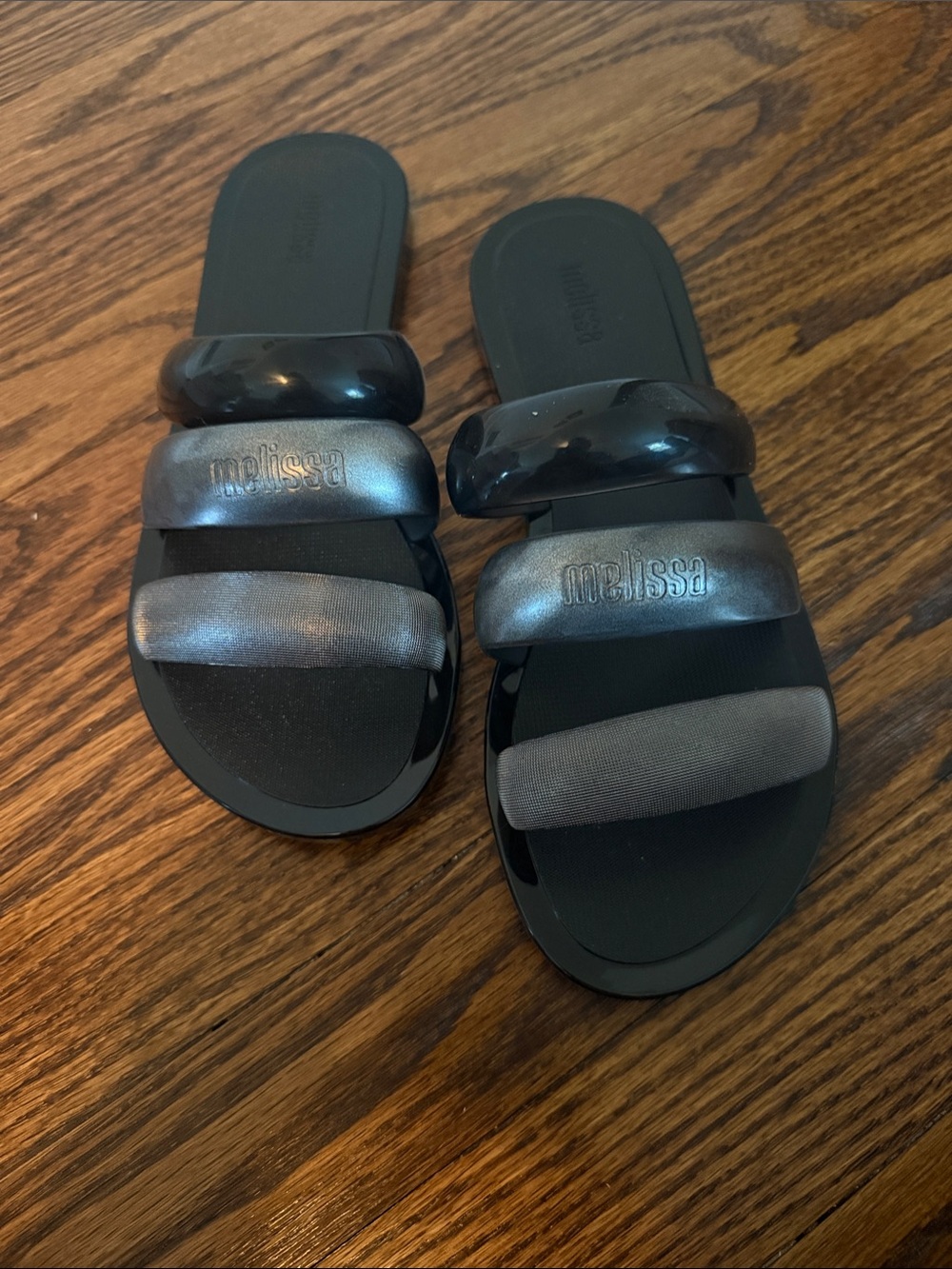 Melissa Black Slides with Metallic Charcoal Straps